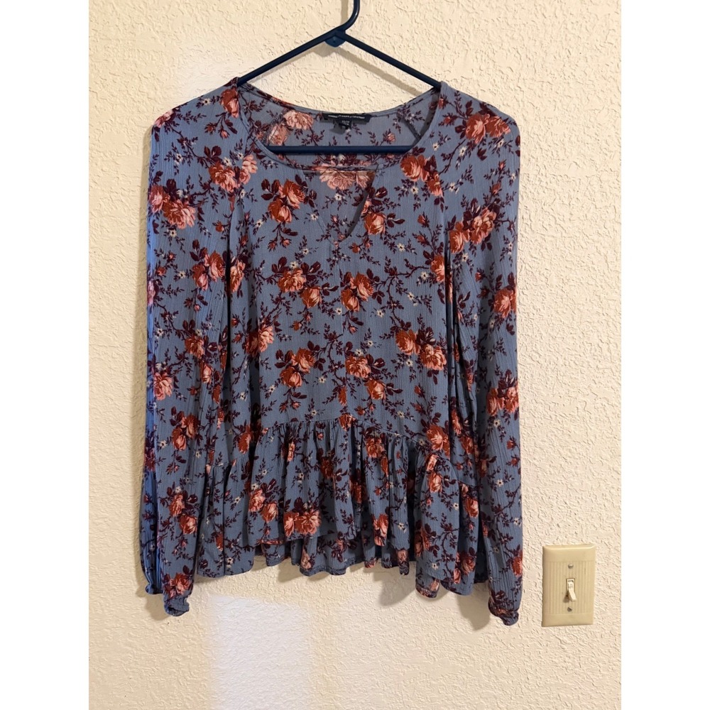 American Eagle‎ Floral Peplum Blouse Blue Rust Long Sleeve Split Neck XS Boho